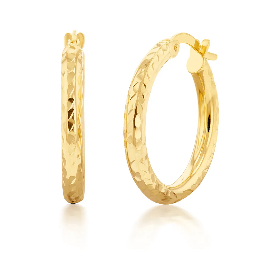 9ct Yellow Gold Silverfilled Diamond Cut 15mm Hoop Earrings