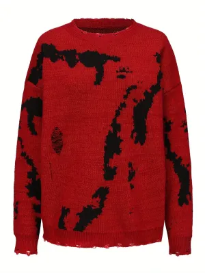 Abstract Pattern Crew Neck Sweater, Casual Long Sleeve Sweater For Fall & Winter, Women's Clothing
