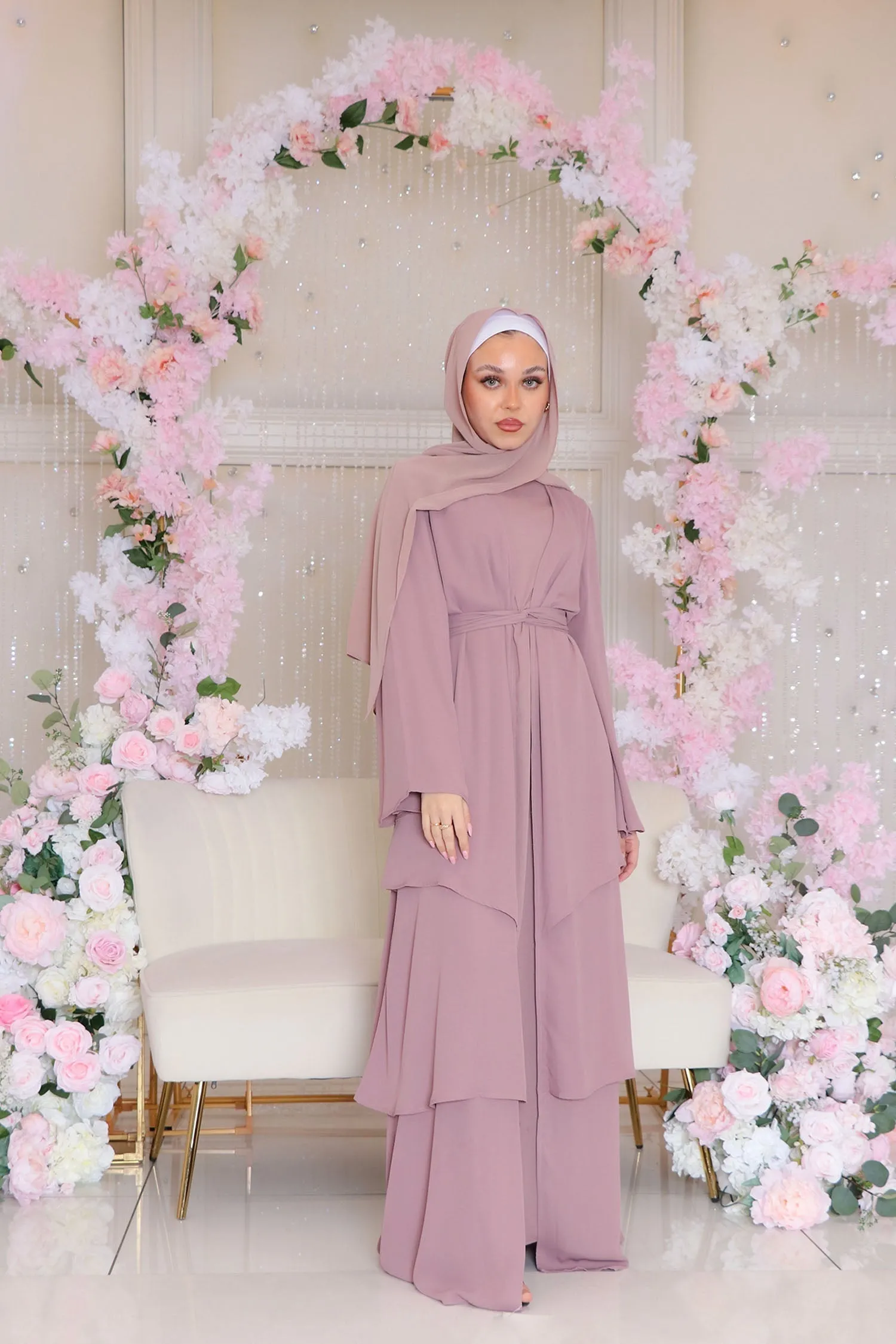 Alessia Chiffon Ruffle Open Abaya- Rose Pink