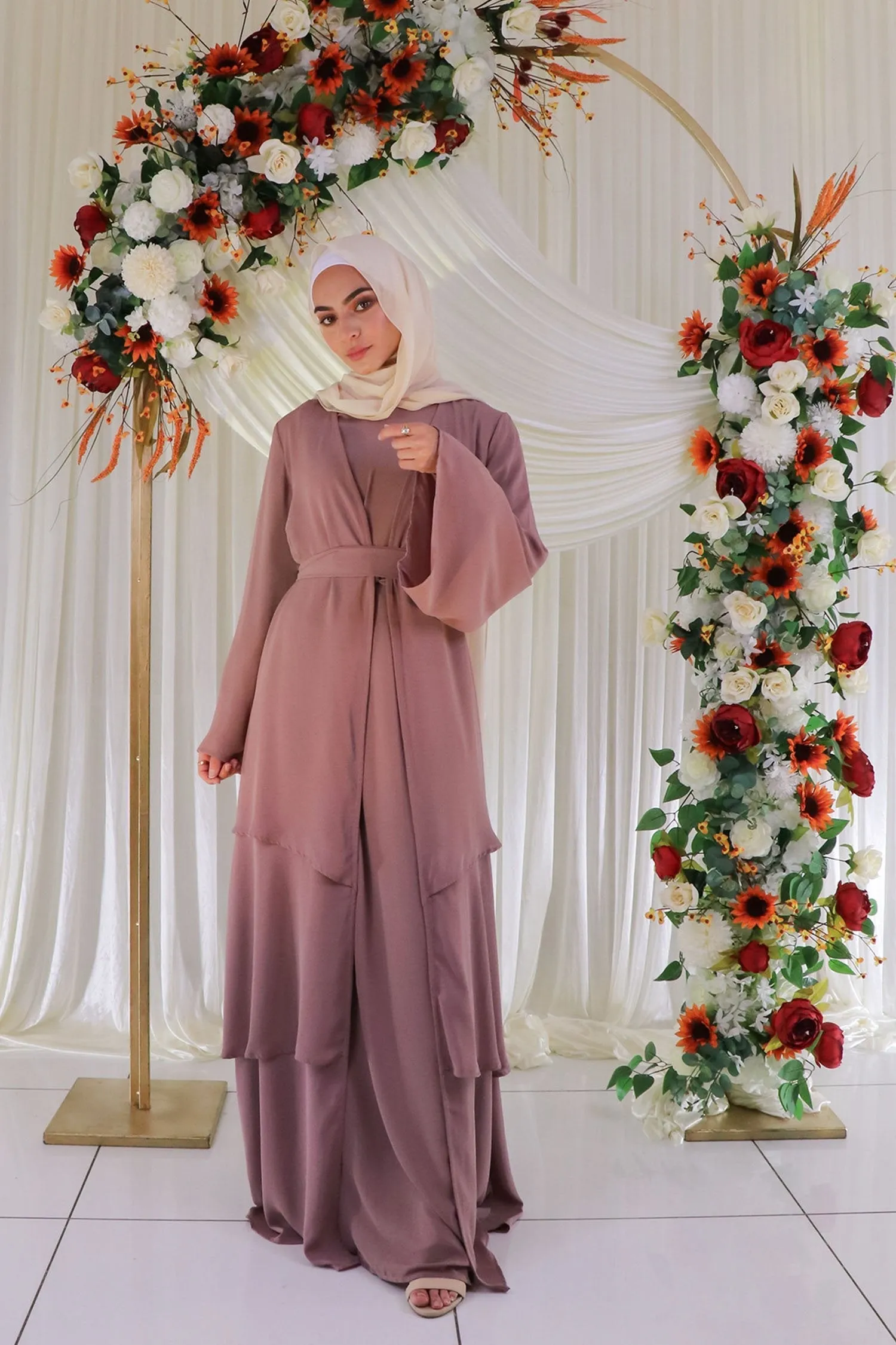 Alessia Chiffon Ruffle Open Abaya- Rose Pink
