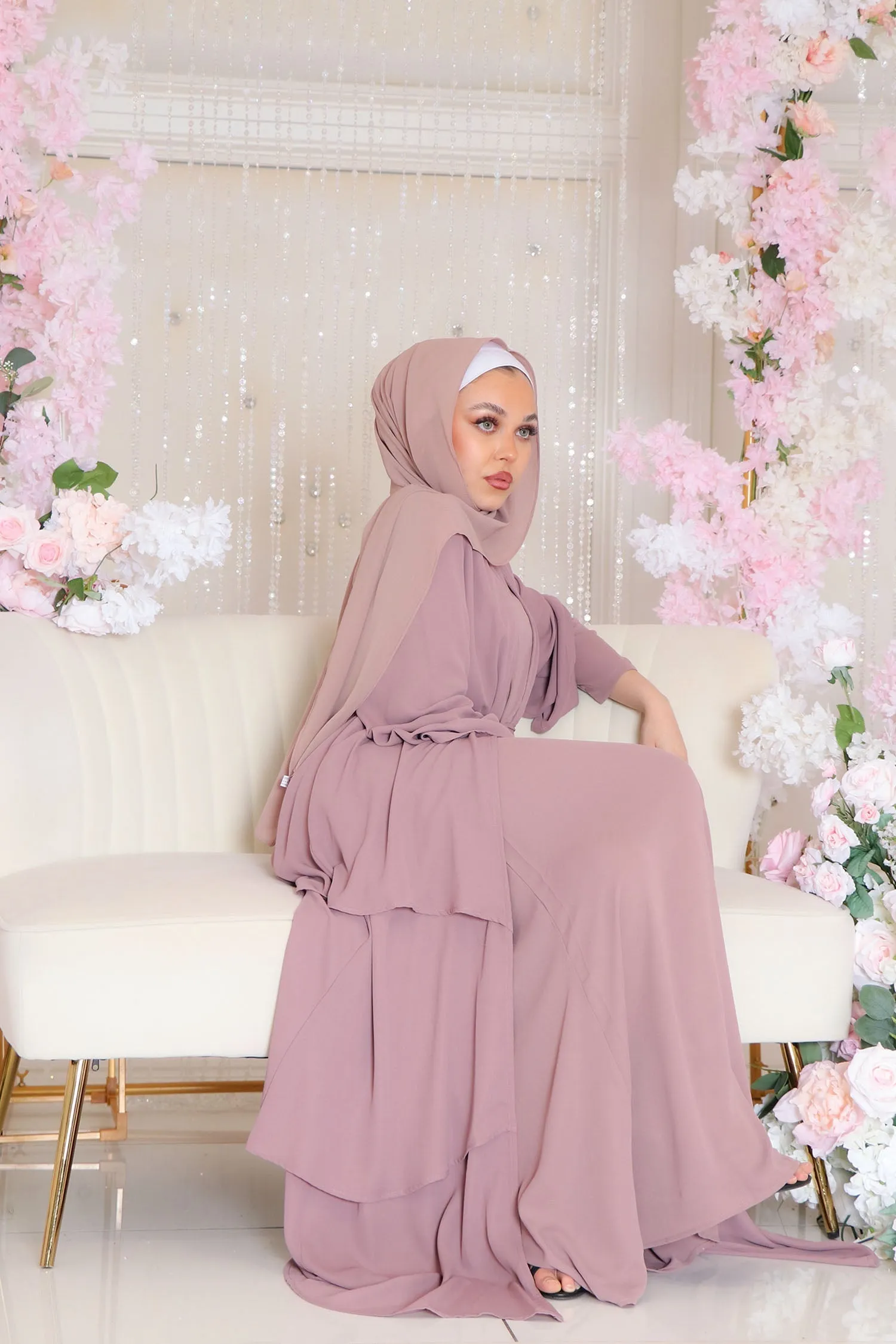 Alessia Chiffon Ruffle Open Abaya- Rose Pink