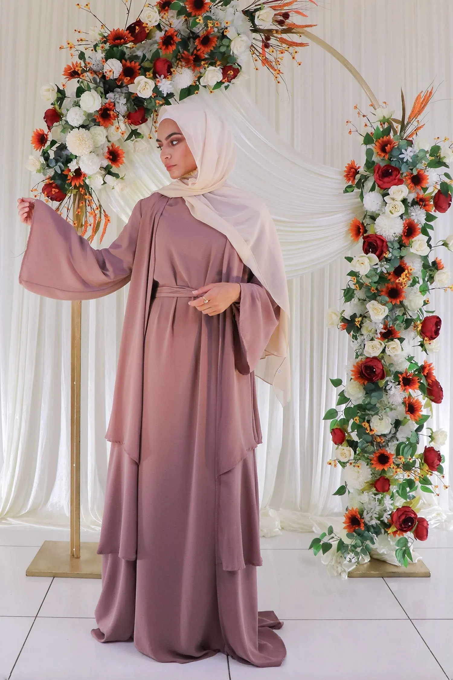 Alessia Chiffon Ruffle Open Abaya- Rose Pink