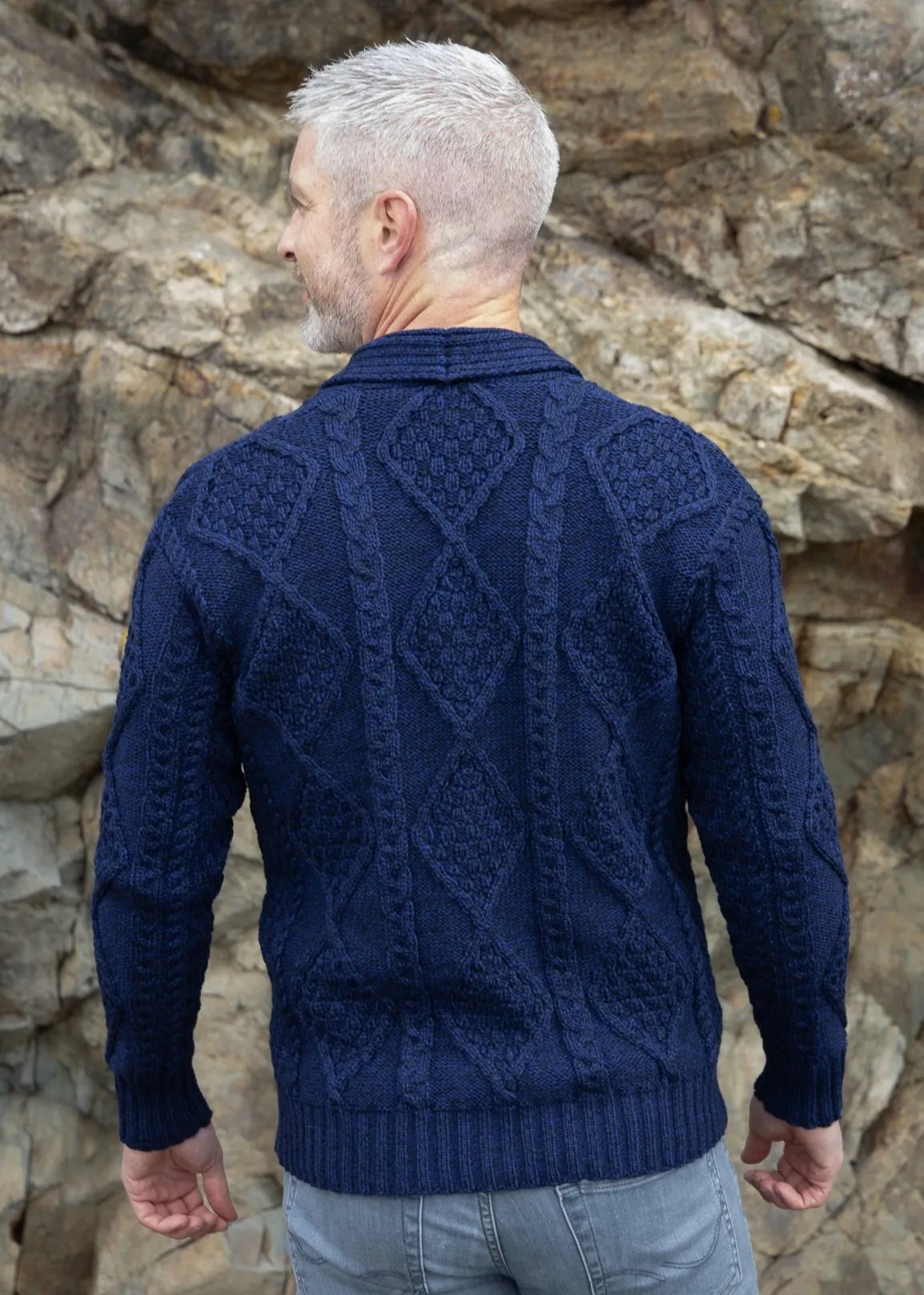 Aran Men's Shawl Button Cardigan | Blue