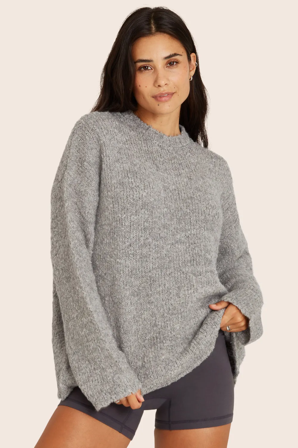 BOUCLÉ OVERSIZED CREWNECK SWEATER - HEATHER GREY