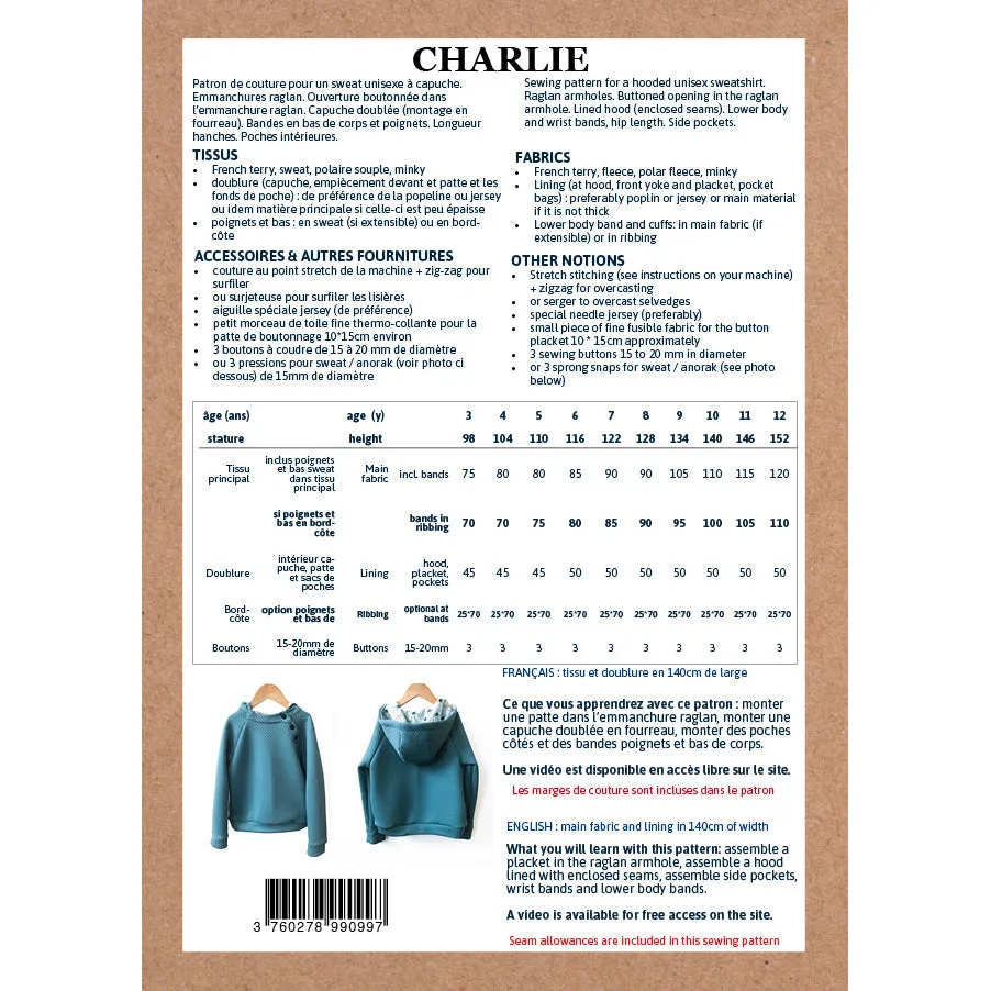 CHARLIE hoodie - Unisex 3/12Y - Paper Sewing Pattern