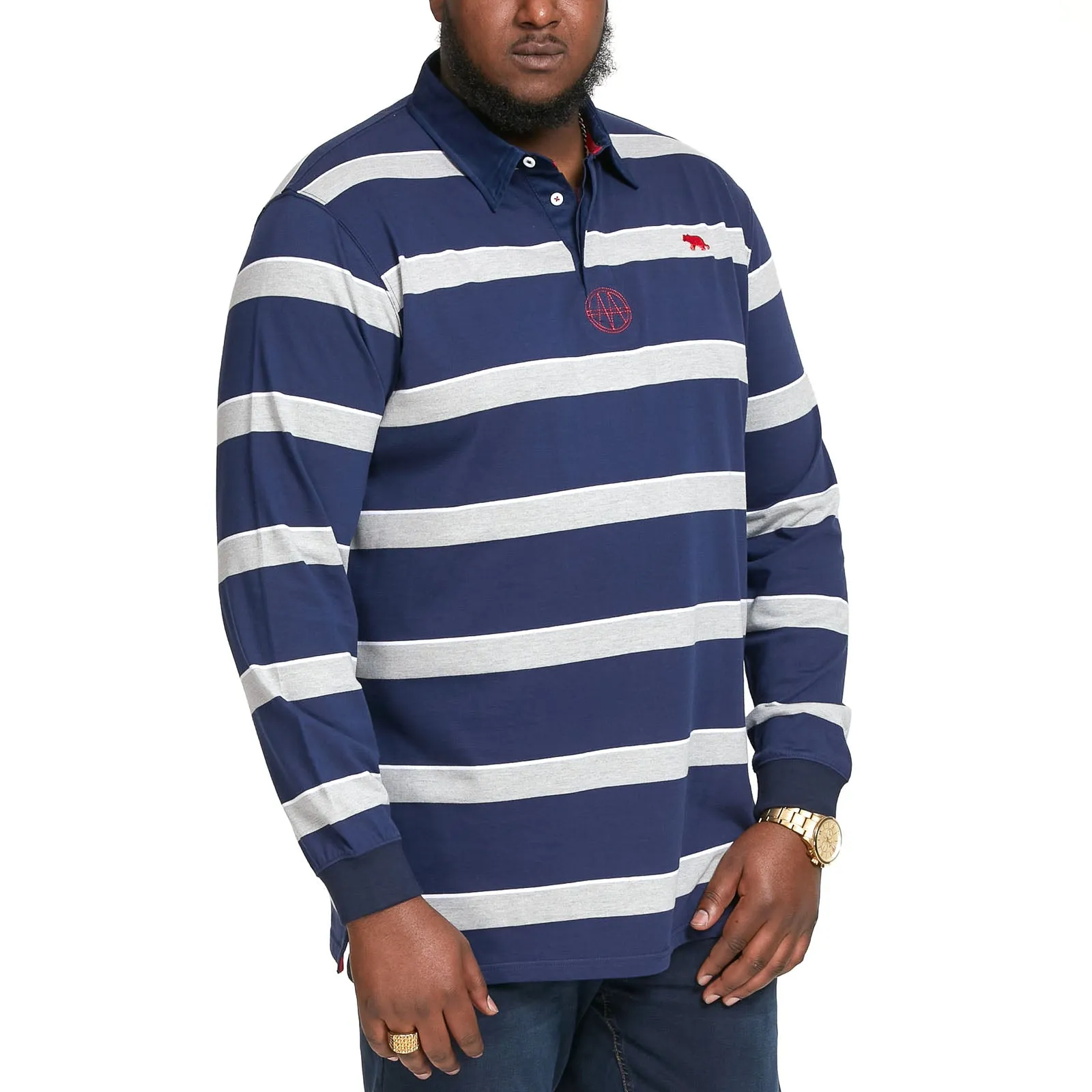 D555 Mens Marshall Big & Tall Long Sleeve Rugby Style Striped Shirt - Navy/White
