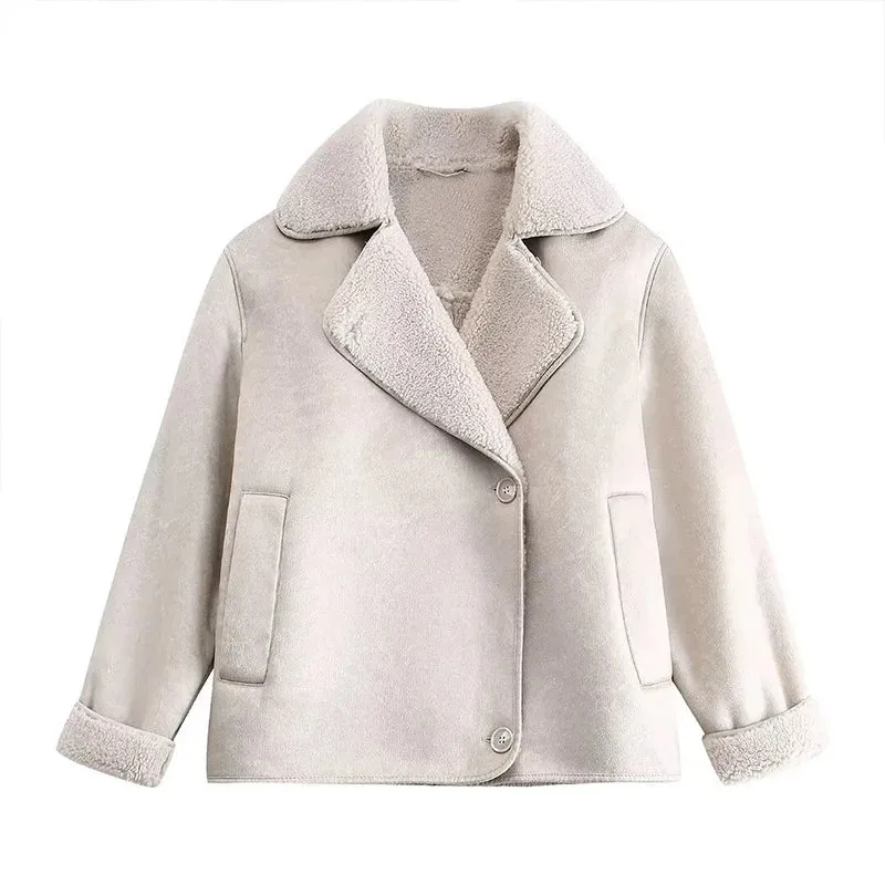 Fashionkova Casual Lapel Thick Faux Leather Jackets Women Vintage Single-Breasted Warm Wool Blends Coats Female Winter High Street Outwears