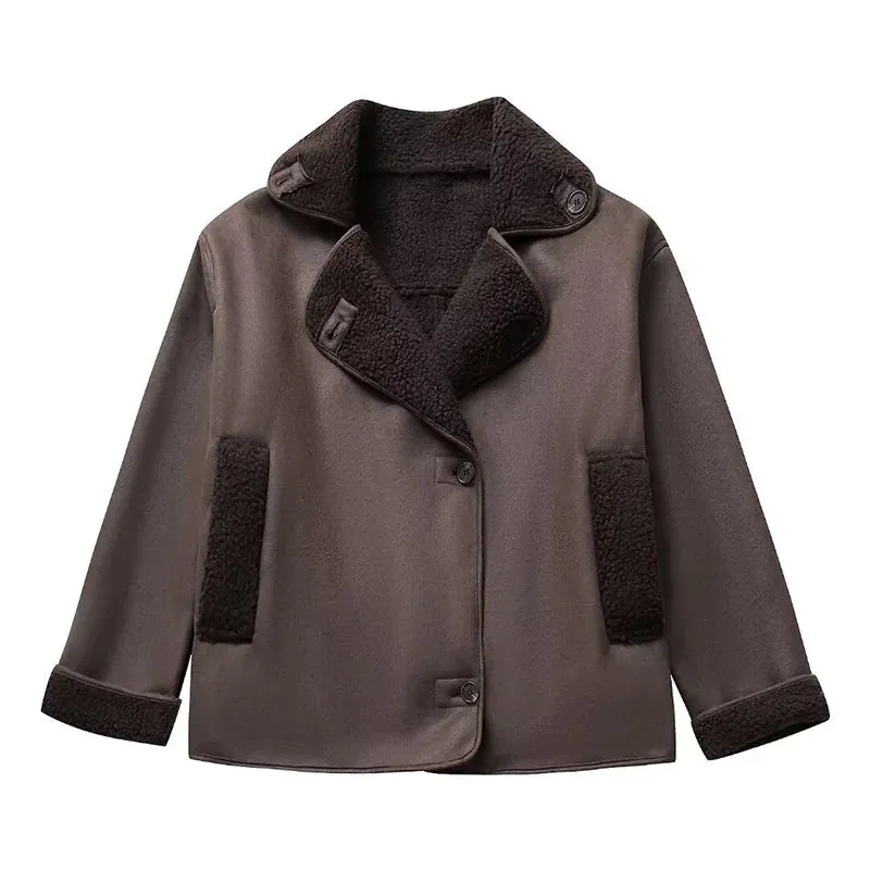 Fashionkova Casual Lapel Thick Faux Leather Jackets Women Vintage Single-Breasted Warm Wool Blends Coats Female Winter High Street Outwears
