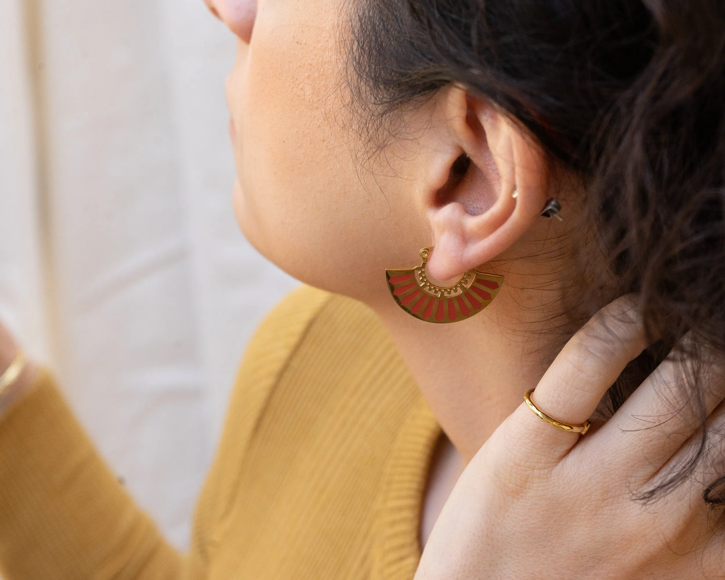 Gold Red Hand Fan Hoop Earrings