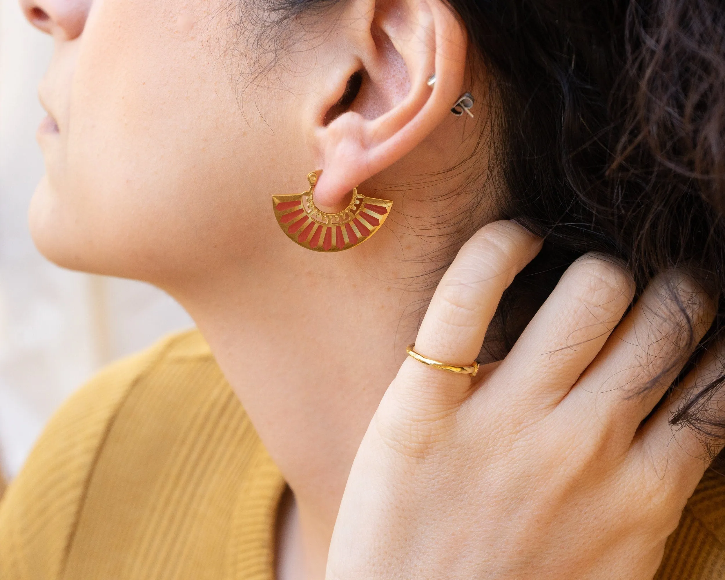 Gold Red Hand Fan Hoop Earrings