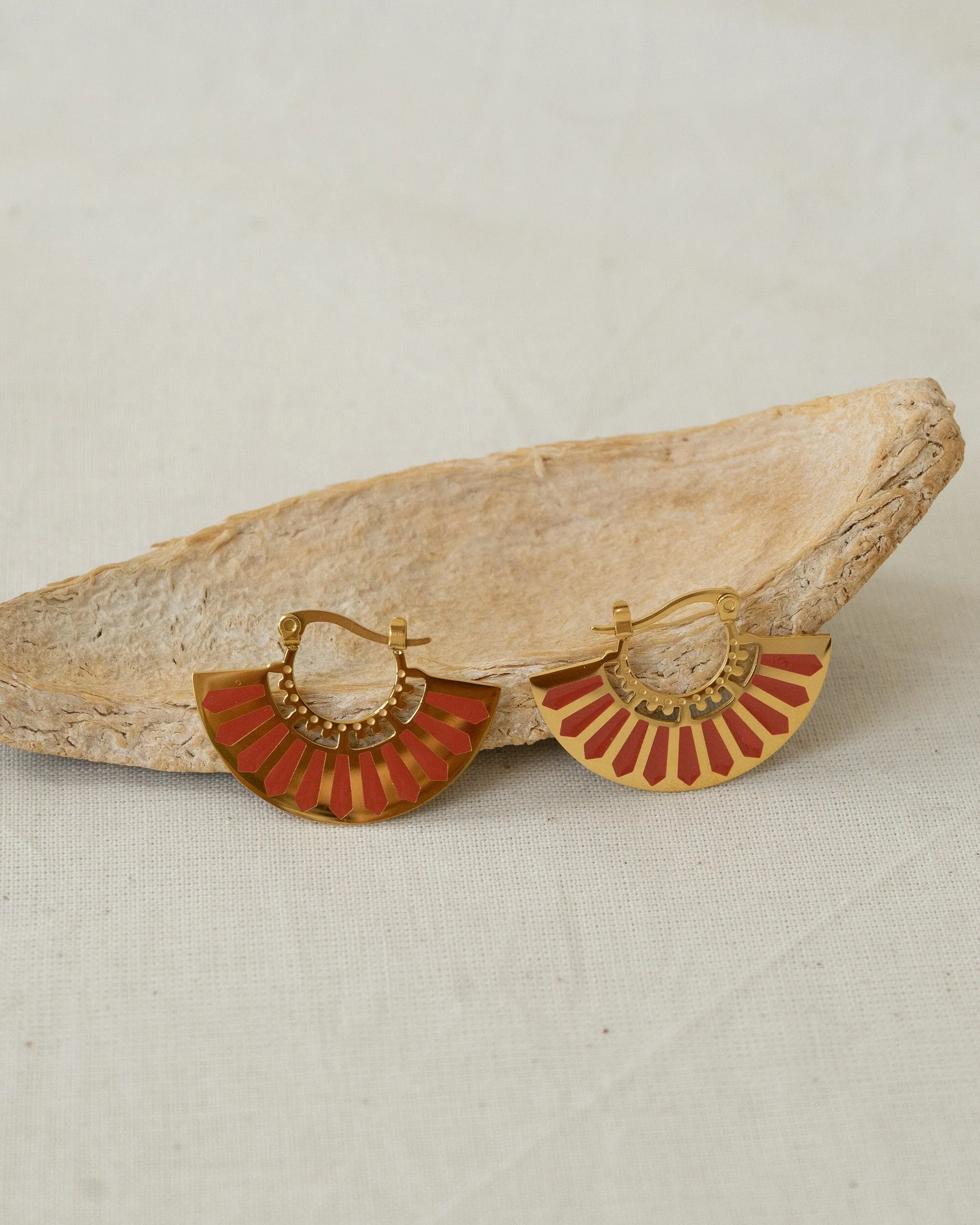 Gold Red Hand Fan Hoop Earrings