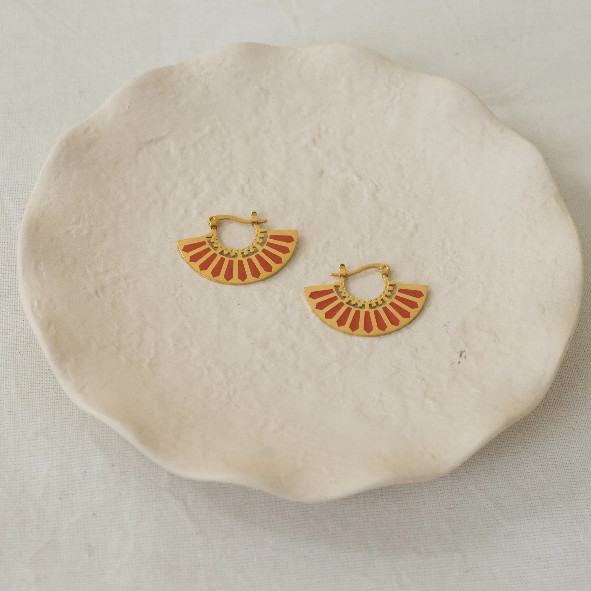 Gold Red Hand Fan Hoop Earrings