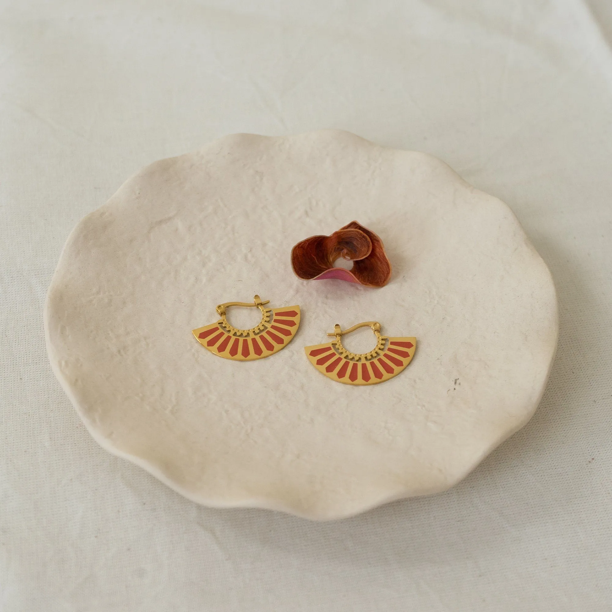 Gold Red Hand Fan Hoop Earrings