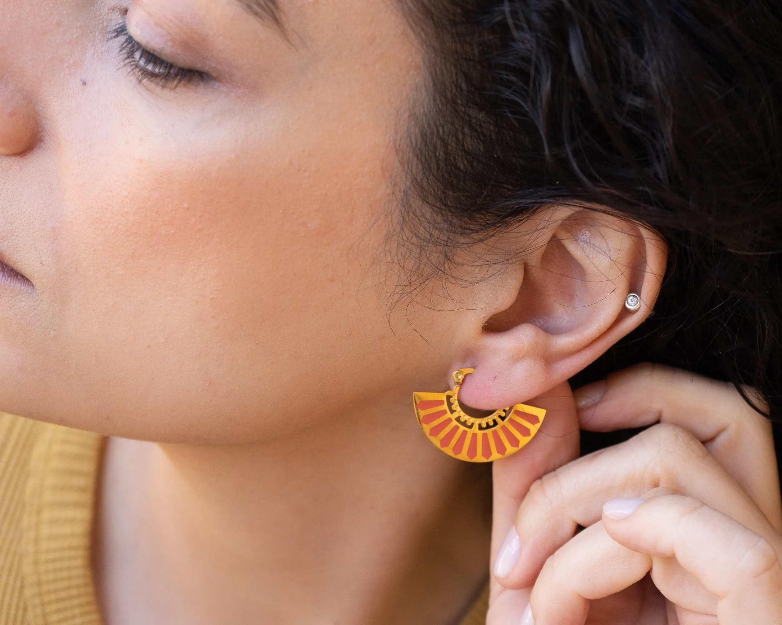Gold Red Hand Fan Hoop Earrings
