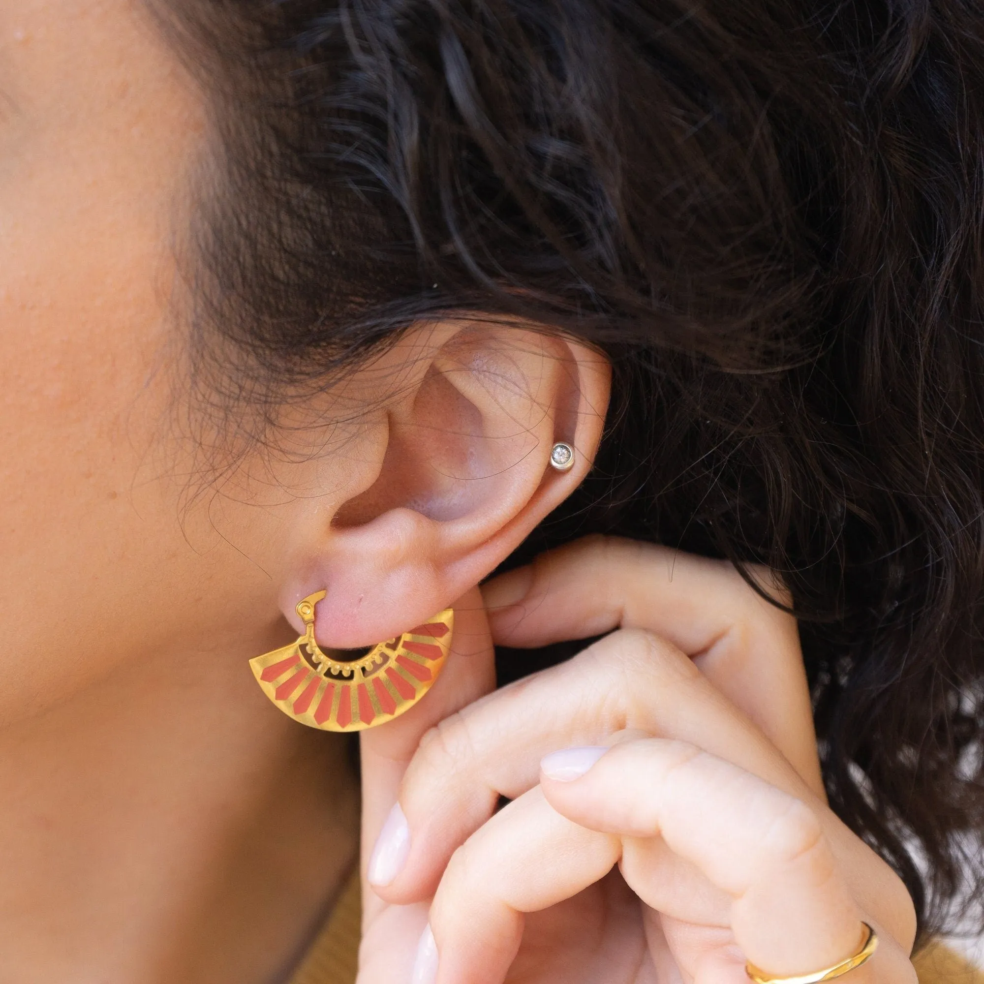 Gold Red Hand Fan Hoop Earrings