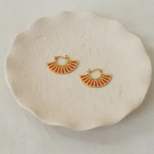 Gold Red Hand Fan Hoop Earrings