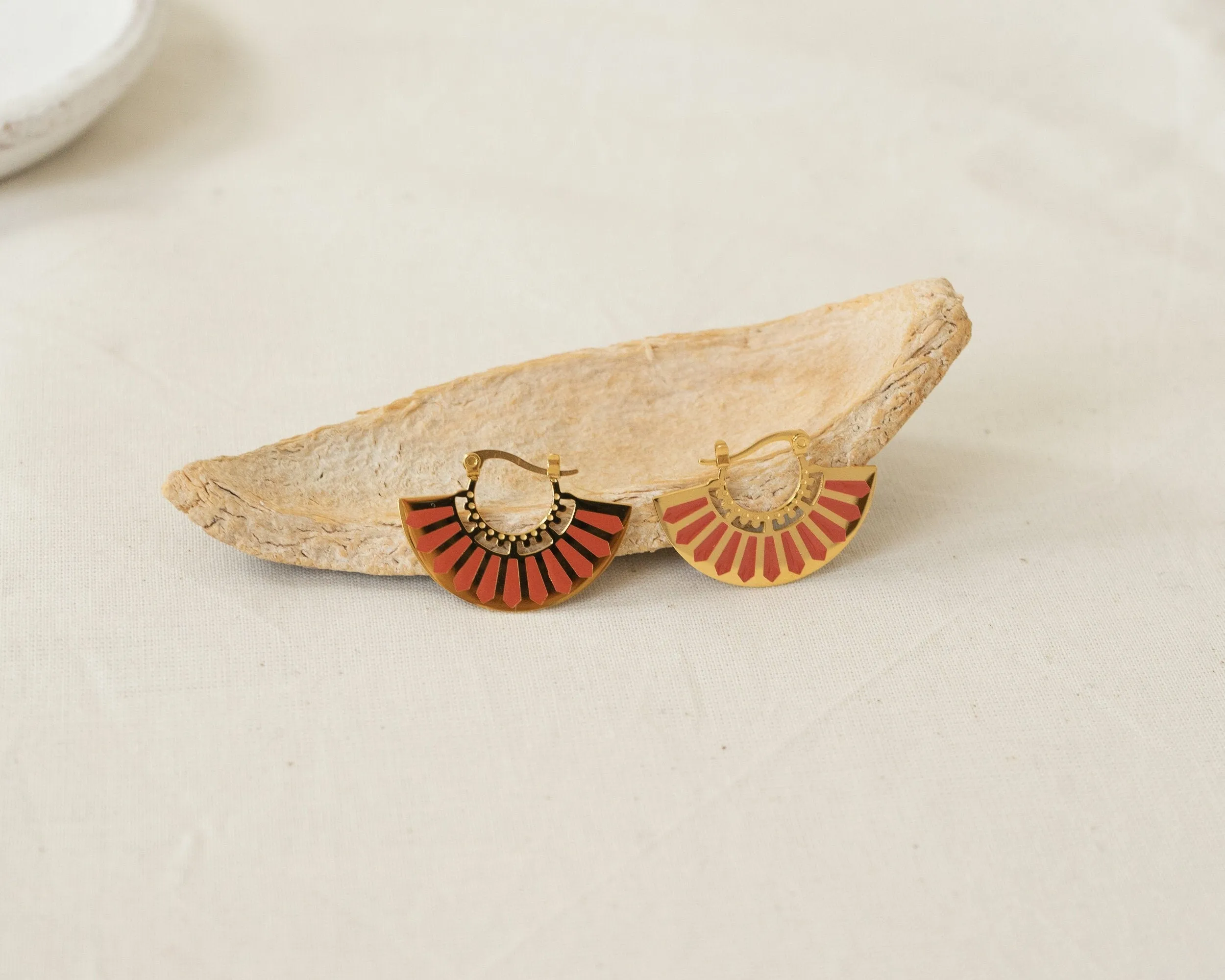 Gold Red Hand Fan Hoop Earrings