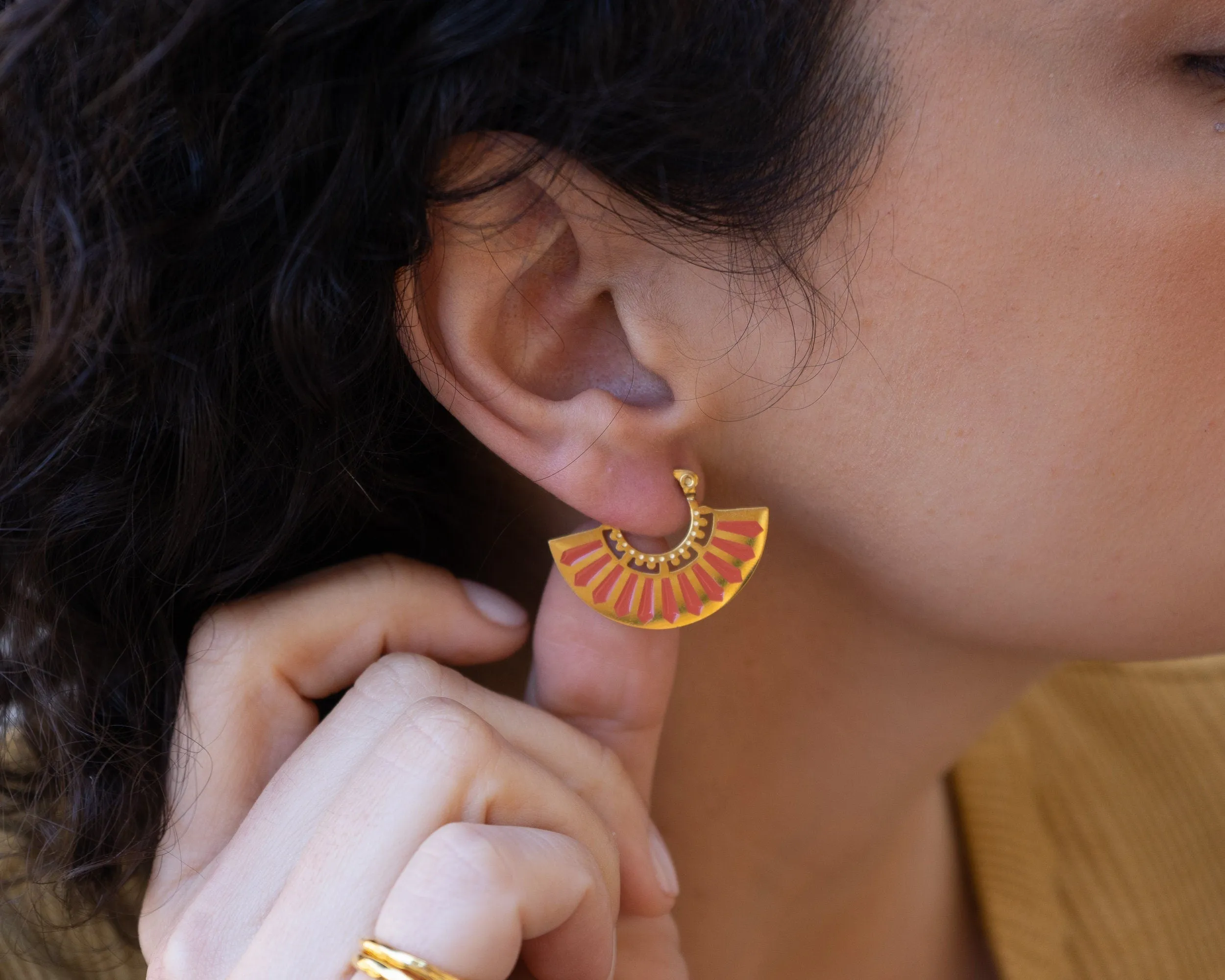 Gold Red Hand Fan Hoop Earrings
