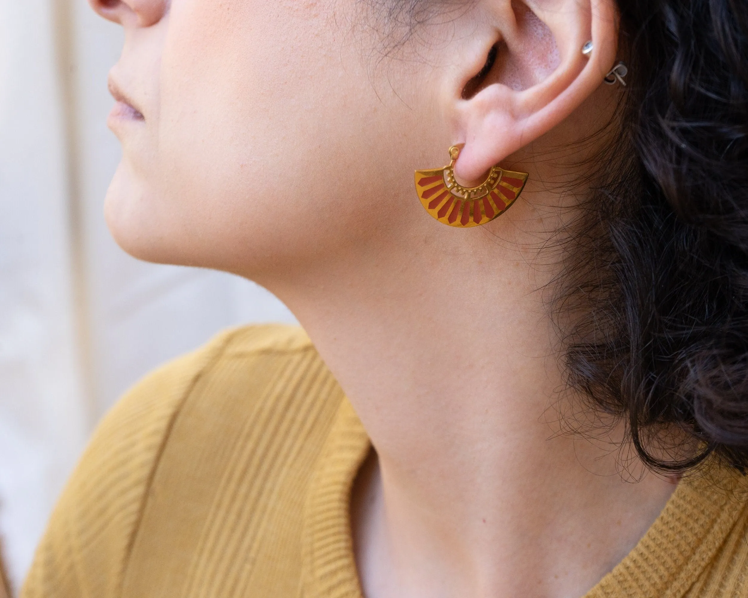 Gold Red Hand Fan Hoop Earrings