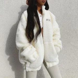 Joskaa 2024 Autumn Winter Women Solid Letter Printed Lamb Wool Coat Female Harajuku Fashion Oversized Zipper Plush Warm Cashmere Jacket
