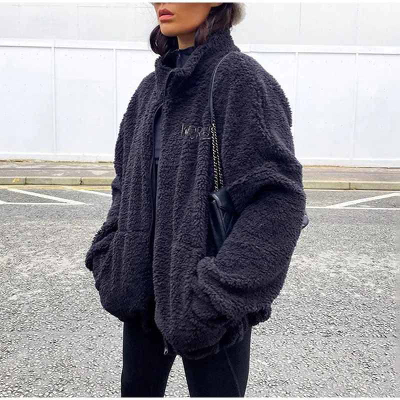 Joskaa 2024 Autumn Winter Women Solid Letter Printed Lamb Wool Coat Female Harajuku Fashion Oversized Zipper Plush Warm Cashmere Jacket
