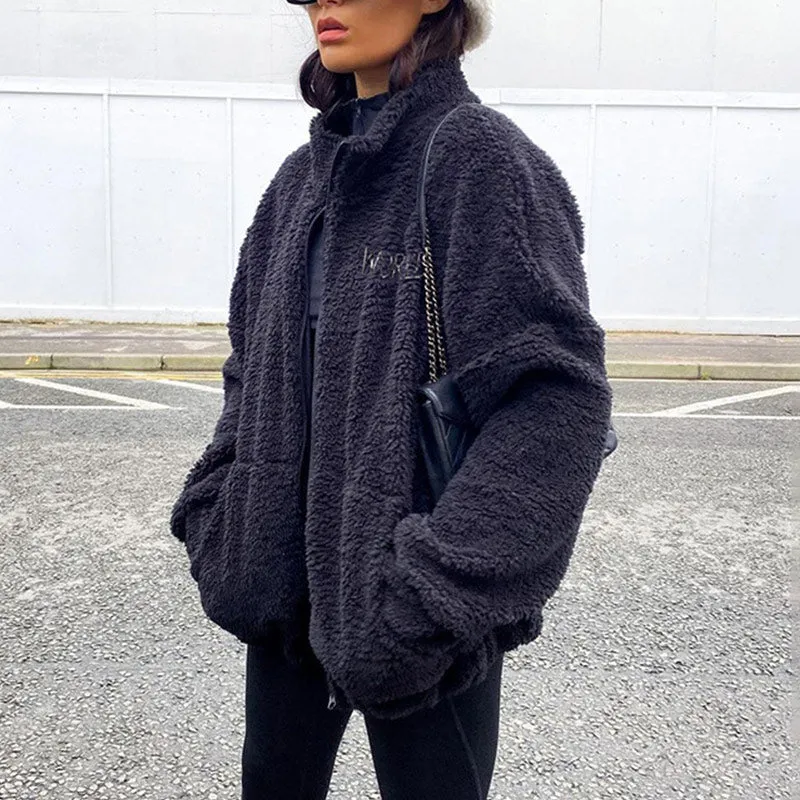 Joskaa 2024 Autumn Winter Women Solid Letter Printed Lamb Wool Coat Female Harajuku Fashion Oversized Zipper Plush Warm Cashmere Jacket