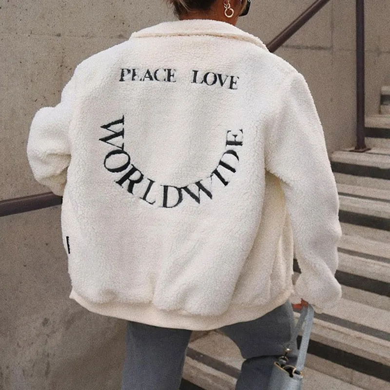 Joskaa 2024 Autumn Winter Women Solid Letter Printed Lamb Wool Coat Female Harajuku Fashion Oversized Zipper Plush Warm Cashmere Jacket