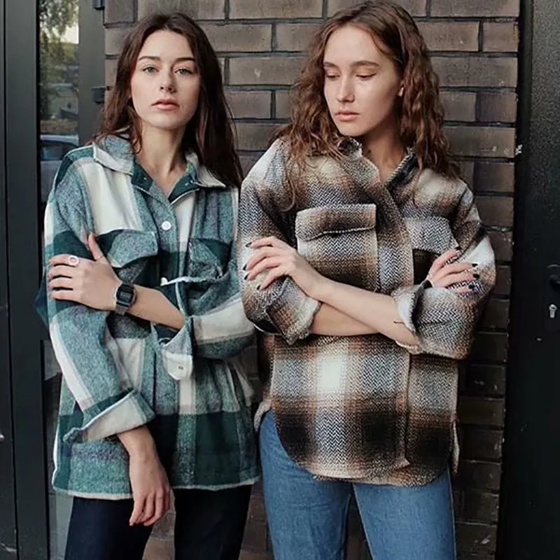 Joskaa Winter Green Plaid Jacket Coat Women Streetwear Long Leeve Thick Wool Coat Fashion Pocket Oversized Lapel Autumn Shirts Coats