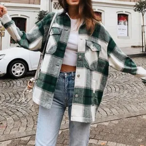 Joskaa Winter Green Plaid Jacket Coat Women Streetwear Long Leeve Thick Wool Coat Fashion Pocket Oversized Lapel Autumn Shirts Coats