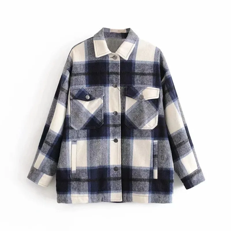 Joskaa Winter Green Plaid Jacket Coat Women Streetwear Long Leeve Thick Wool Coat Fashion Pocket Oversized Lapel Autumn Shirts Coats