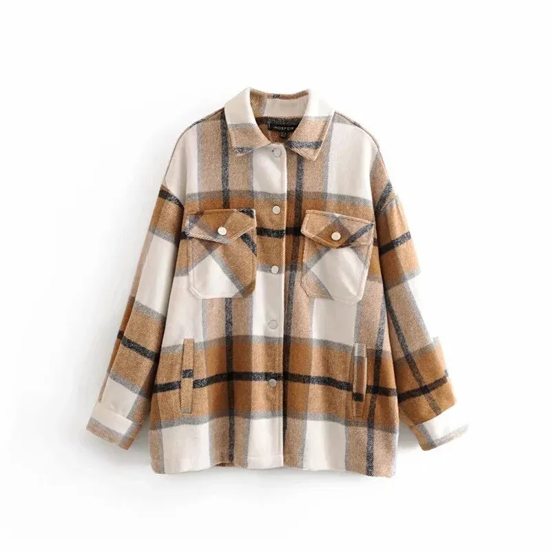 Joskaa Winter Green Plaid Jacket Coat Women Streetwear Long Leeve Thick Wool Coat Fashion Pocket Oversized Lapel Autumn Shirts Coats