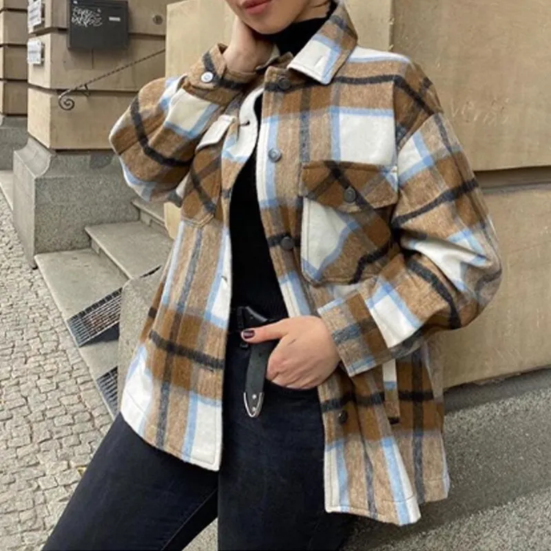 Joskaa Winter Green Plaid Jacket Coat Women Streetwear Long Leeve Thick Wool Coat Fashion Pocket Oversized Lapel Autumn Shirts Coats