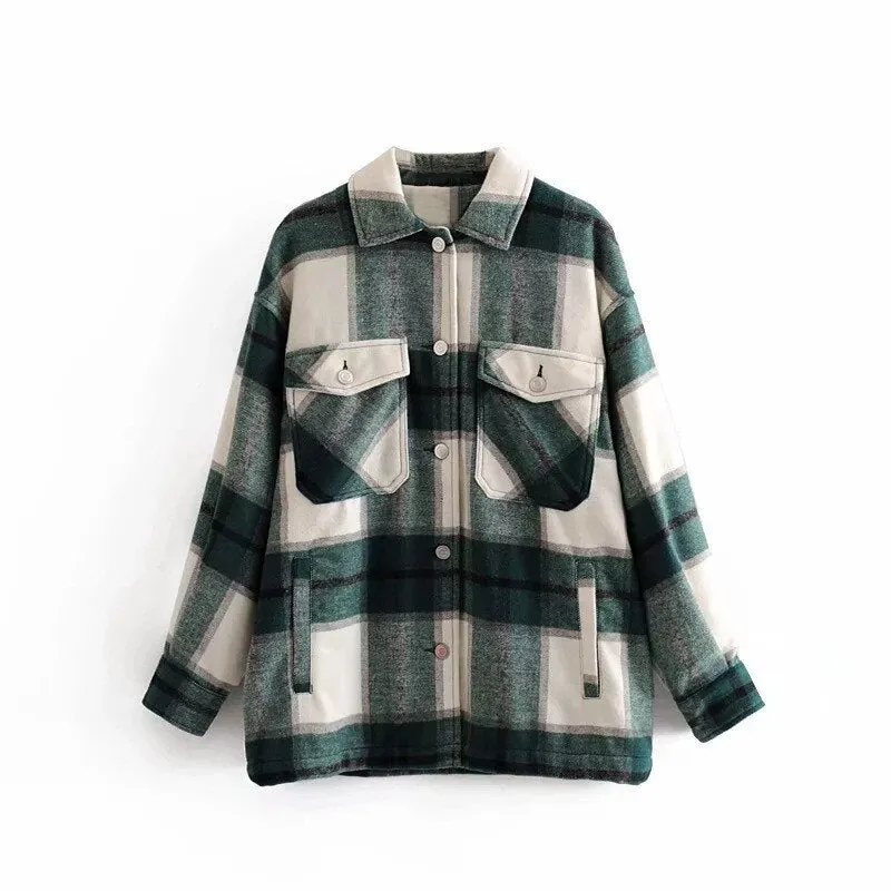 Joskaa Winter Green Plaid Jacket Coat Women Streetwear Long Leeve Thick Wool Coat Fashion Pocket Oversized Lapel Autumn Shirts Coats