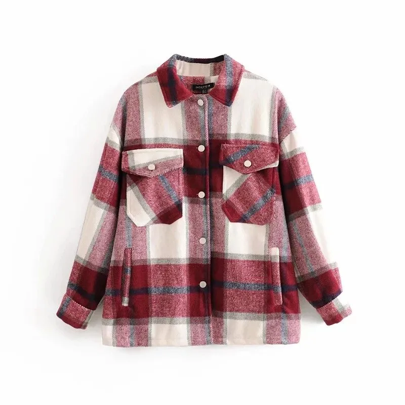 Joskaa Winter Green Plaid Jacket Coat Women Streetwear Long Leeve Thick Wool Coat Fashion Pocket Oversized Lapel Autumn Shirts Coats