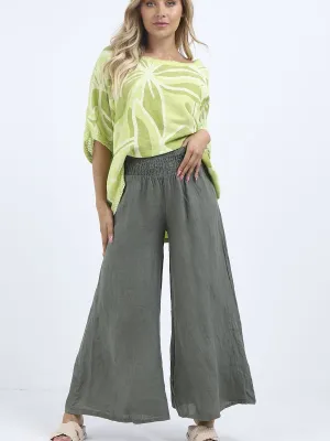 Linen Wide Leg Palazzo Trousers - Khaki