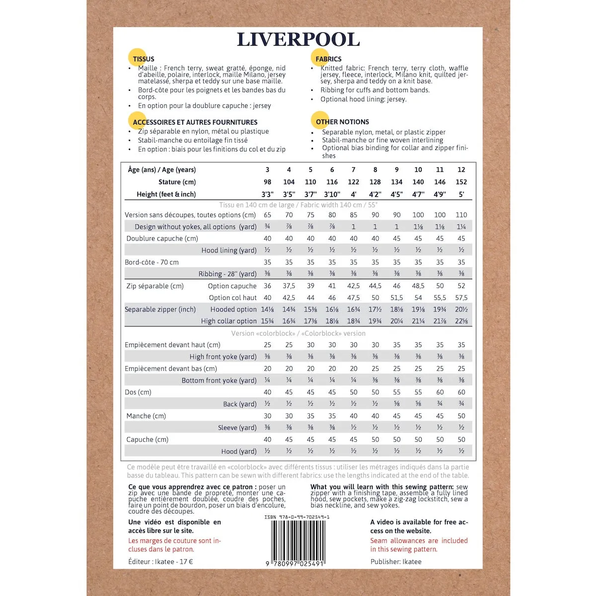LIVERPOOL zip-up sweatshirt - 3/12y - Paper Sewing Pattern