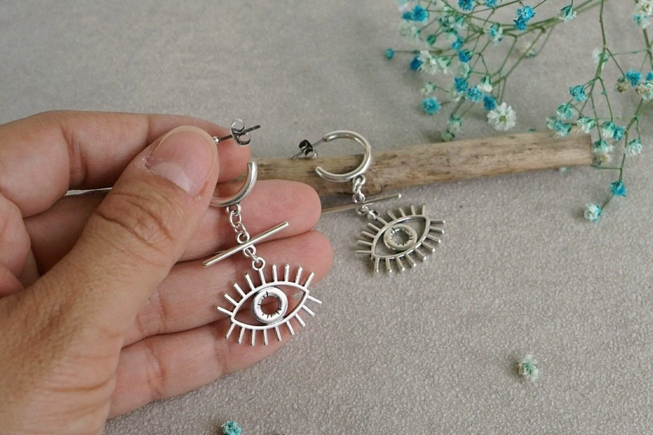 Long Silver Hoop Earrings with Evil Eye Charm