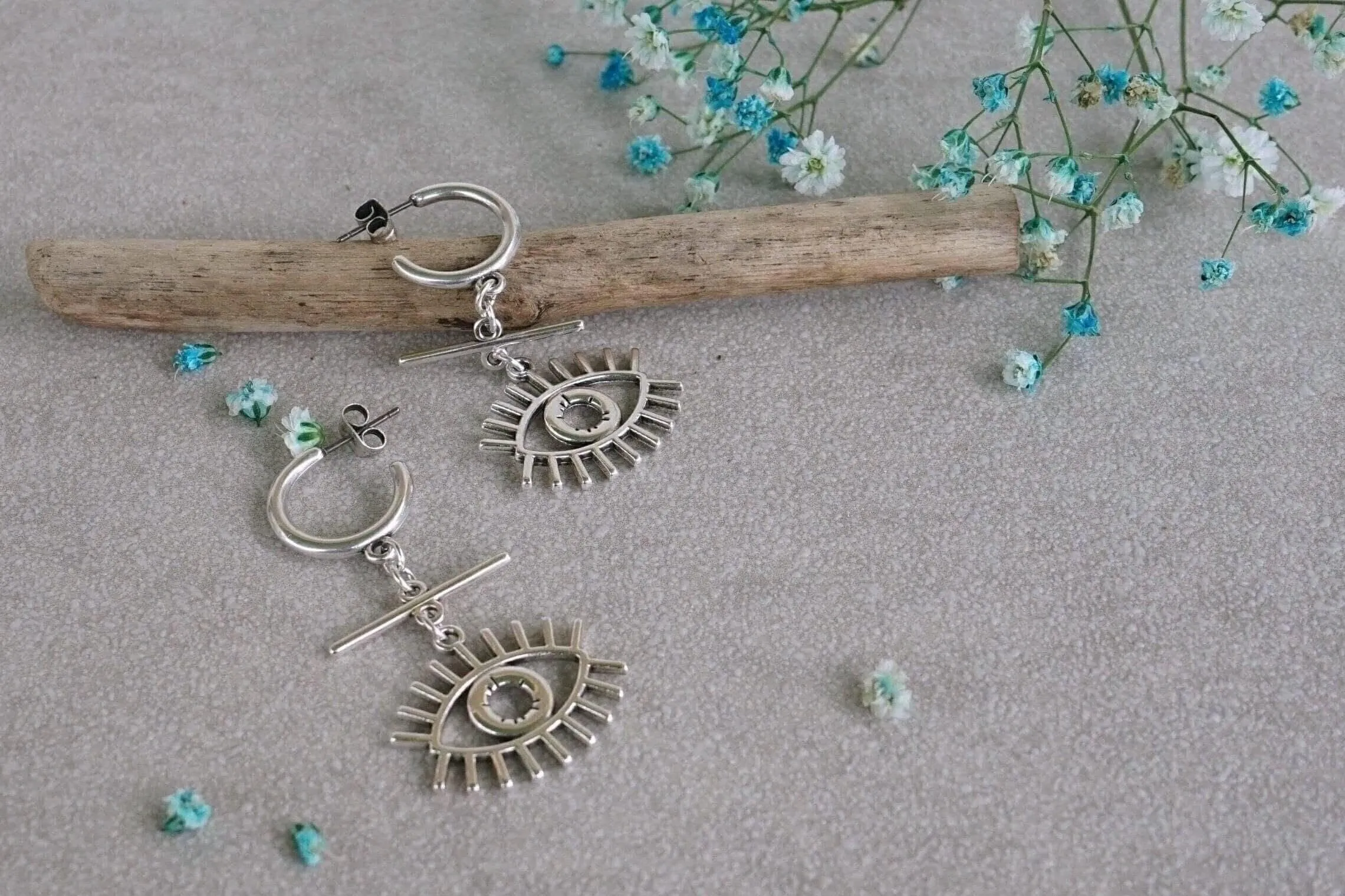 Long Silver Hoop Earrings with Evil Eye Charm
