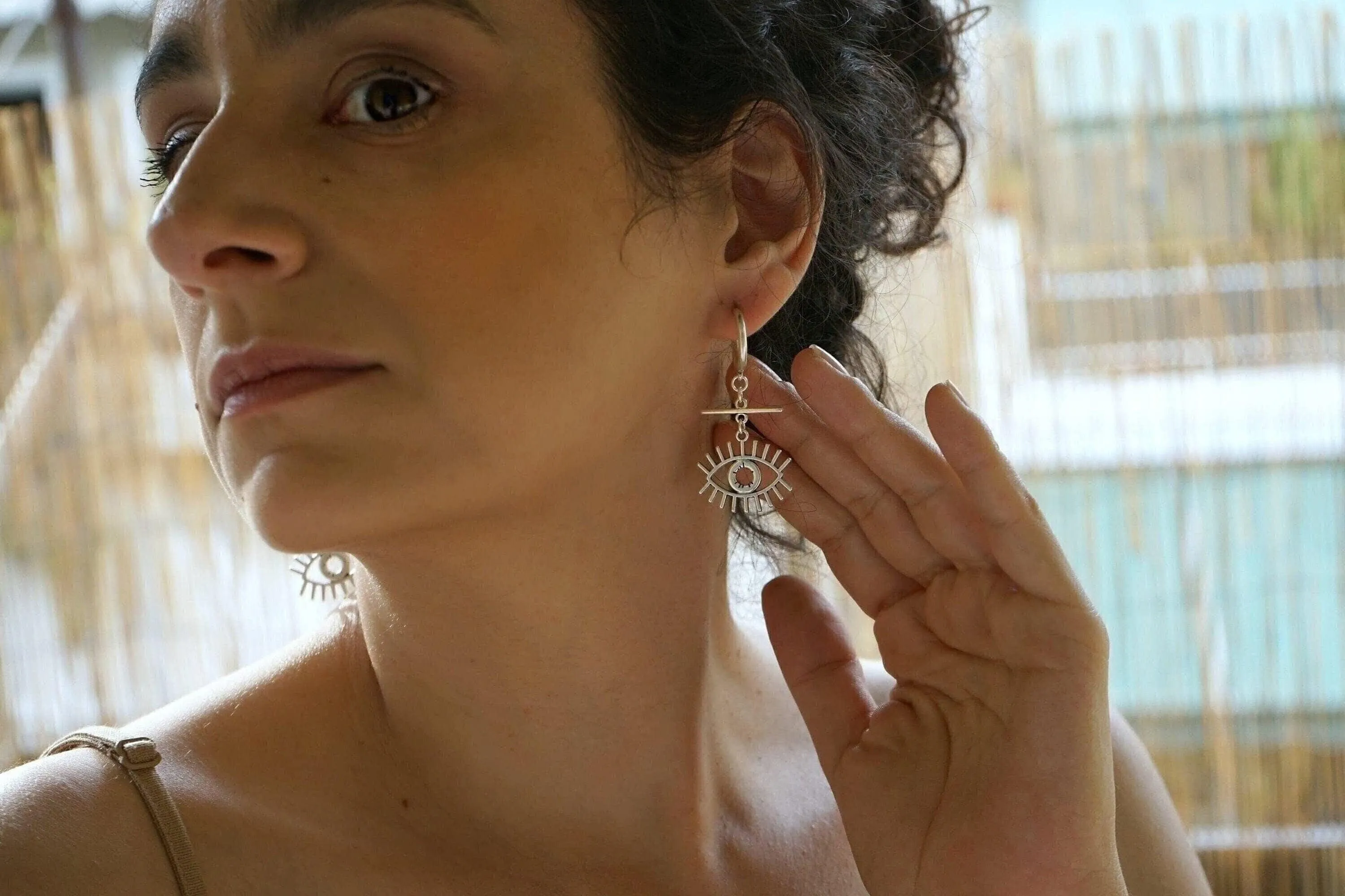 Long Silver Hoop Earrings with Evil Eye Charm
