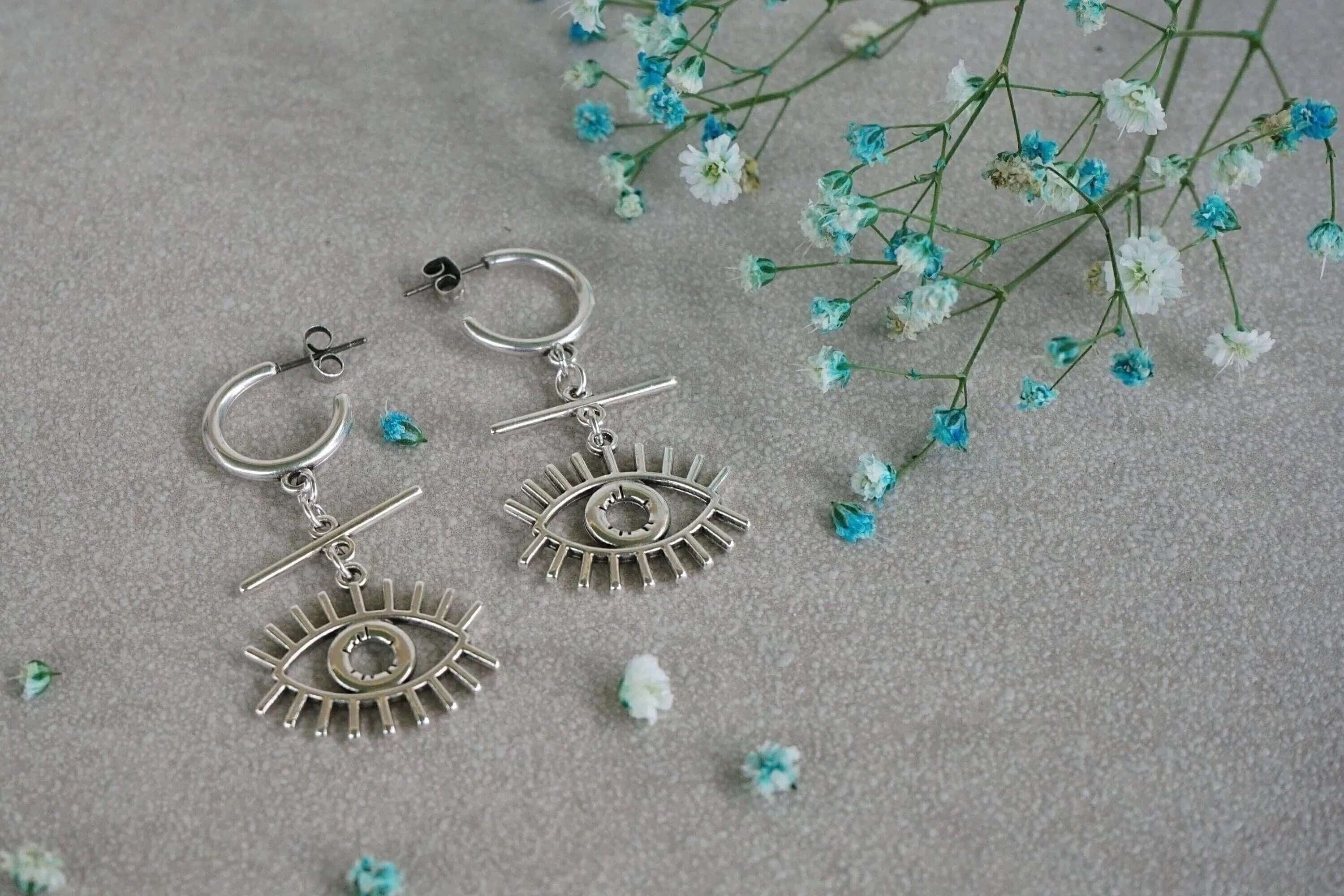 Long Silver Hoop Earrings with Evil Eye Charm