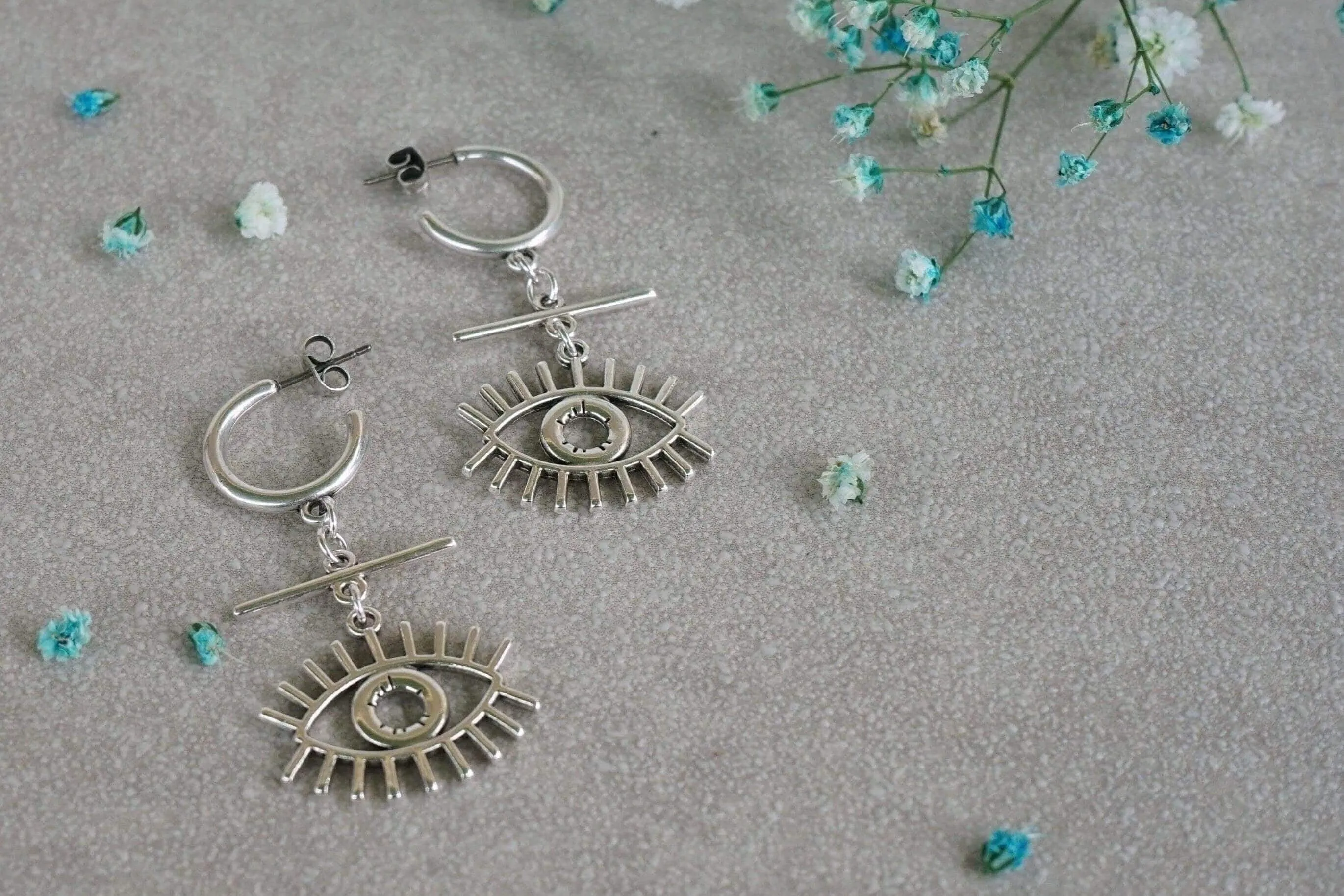 Long Silver Hoop Earrings with Evil Eye Charm