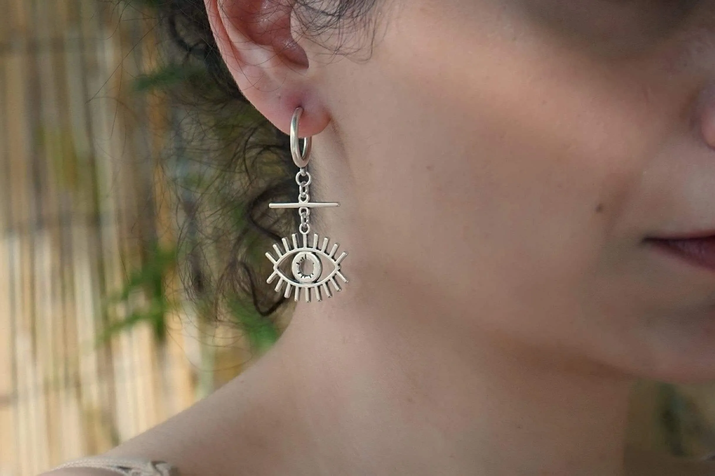 Long Silver Hoop Earrings with Evil Eye Charm