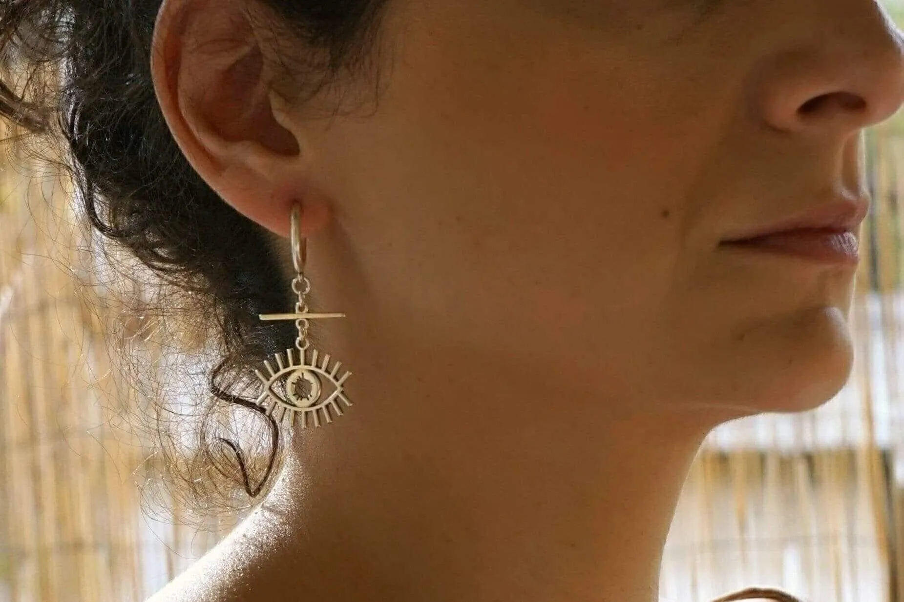 Long Silver Hoop Earrings with Evil Eye Charm