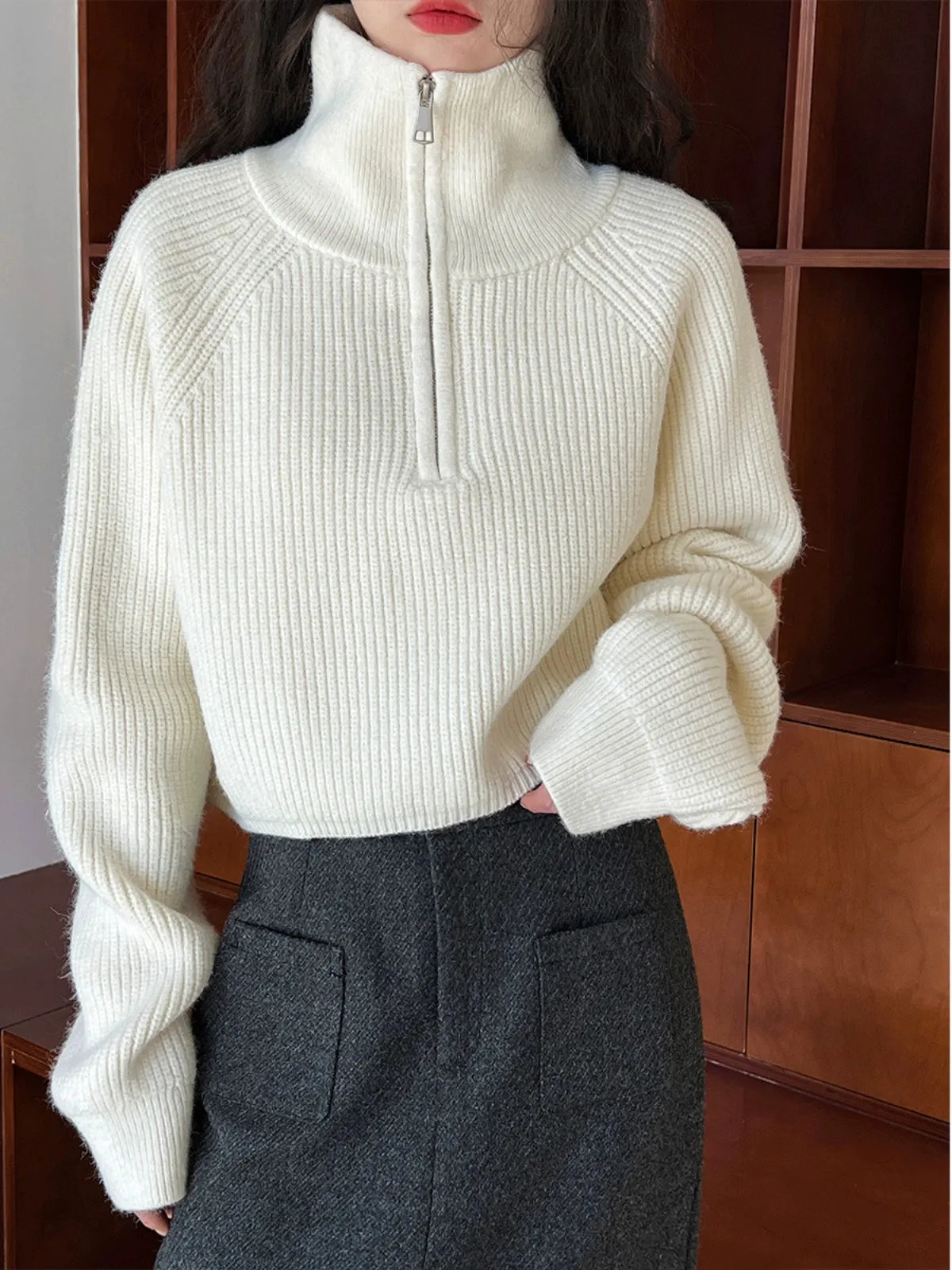 Long-sleeved half-zip turtlenecks, autumn and winter pullovers, solid color knitwear top