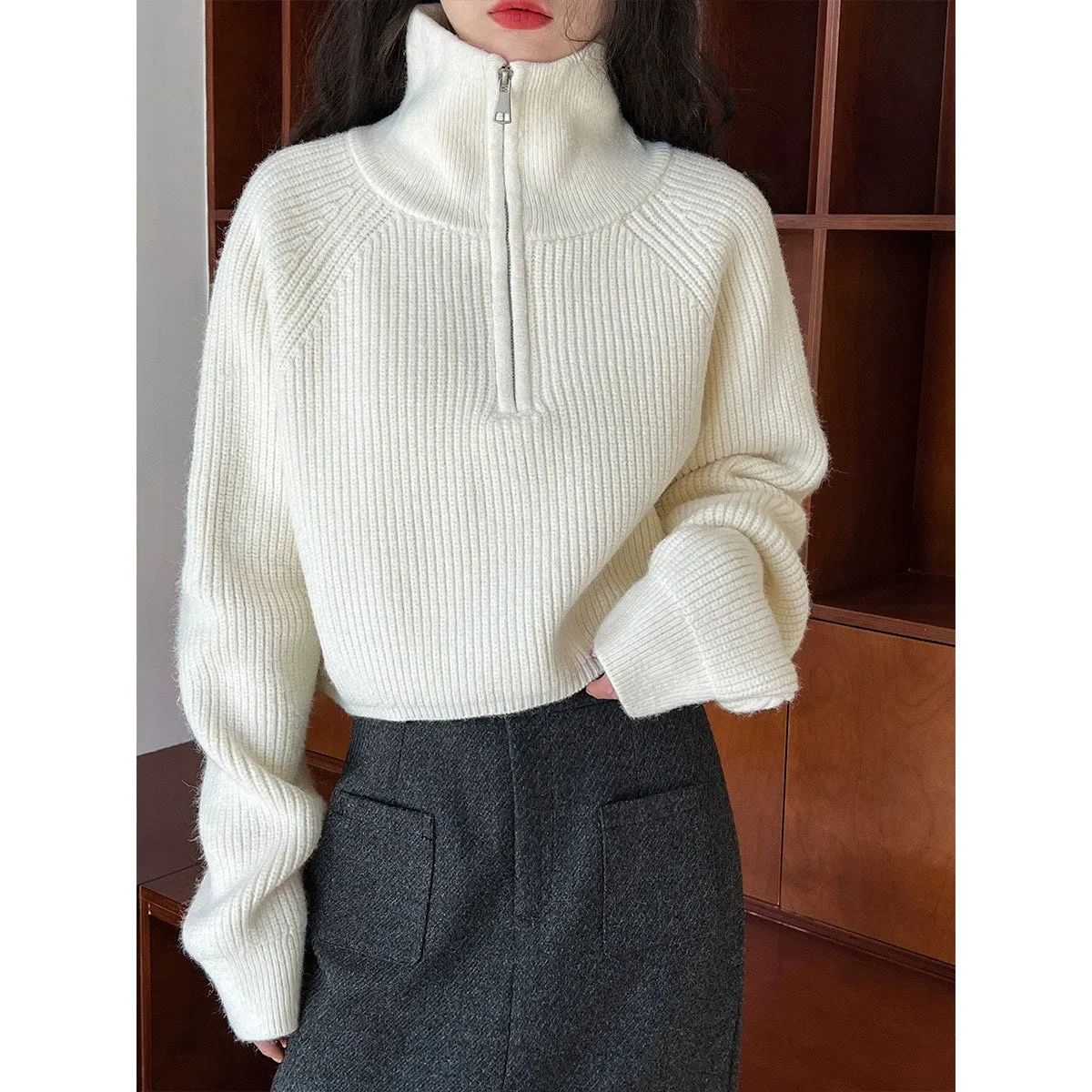 Long-sleeved half-zip turtlenecks, autumn and winter pullovers, solid color knitwear top