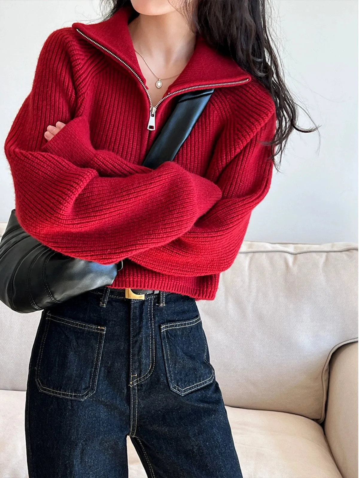 Long-sleeved half-zip turtlenecks, autumn and winter pullovers, solid color knitwear top