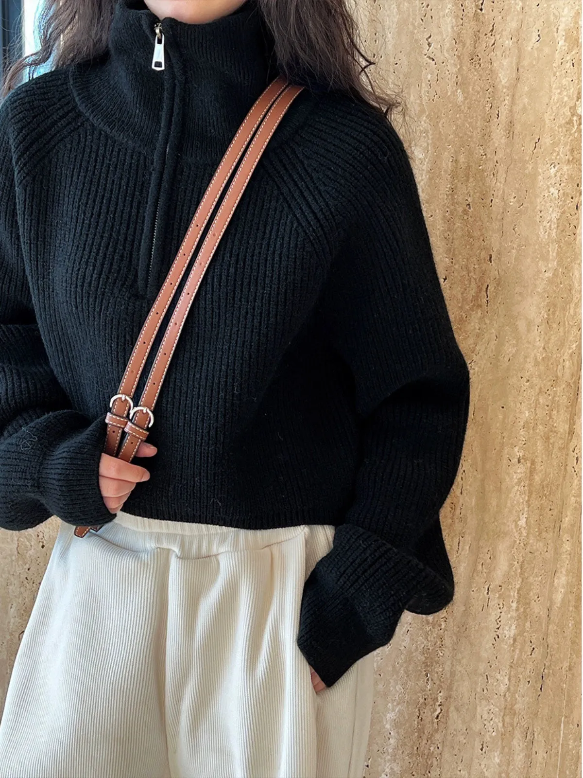 Long-sleeved half-zip turtlenecks, autumn and winter pullovers, solid color knitwear top