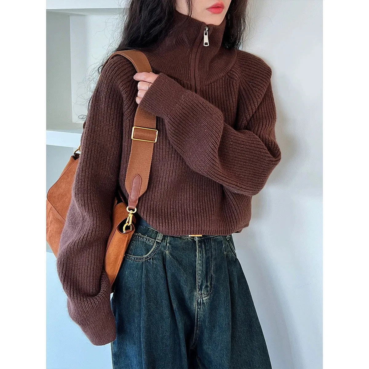 Long-sleeved half-zip turtlenecks, autumn and winter pullovers, solid color knitwear top