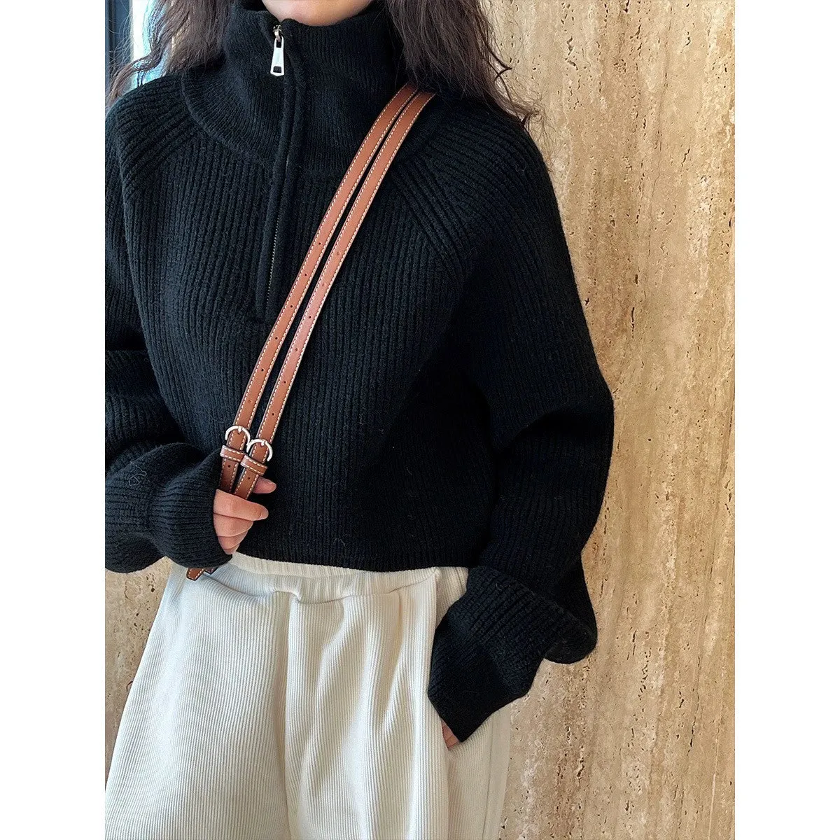 Long-sleeved half-zip turtlenecks, autumn and winter pullovers, solid color knitwear top