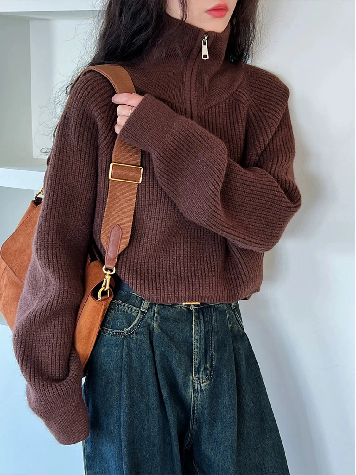 Long-sleeved half-zip turtlenecks, autumn and winter pullovers, solid color knitwear top